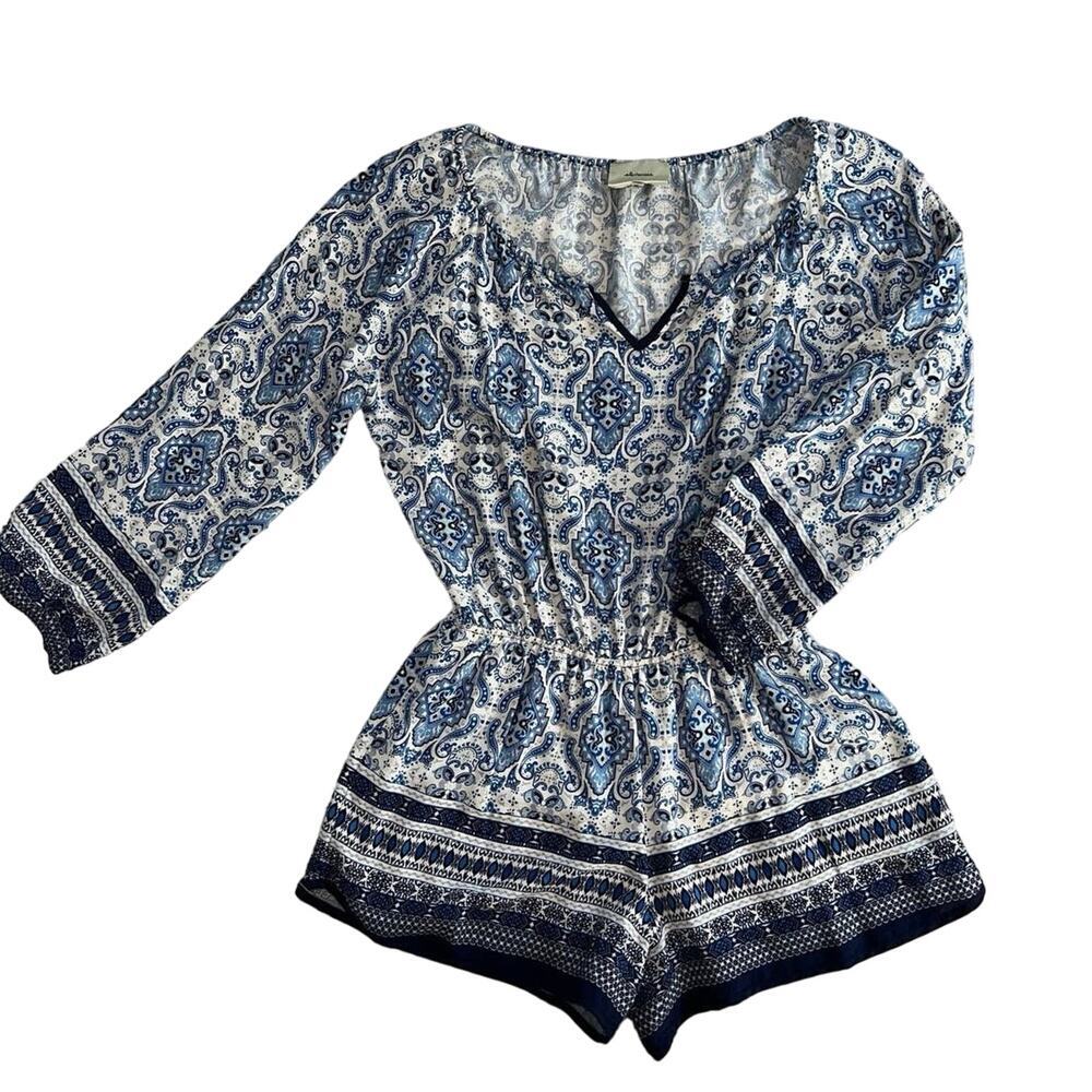 Elevenses Anthropologie Basia Romper Blue and White Boho Style Size XL